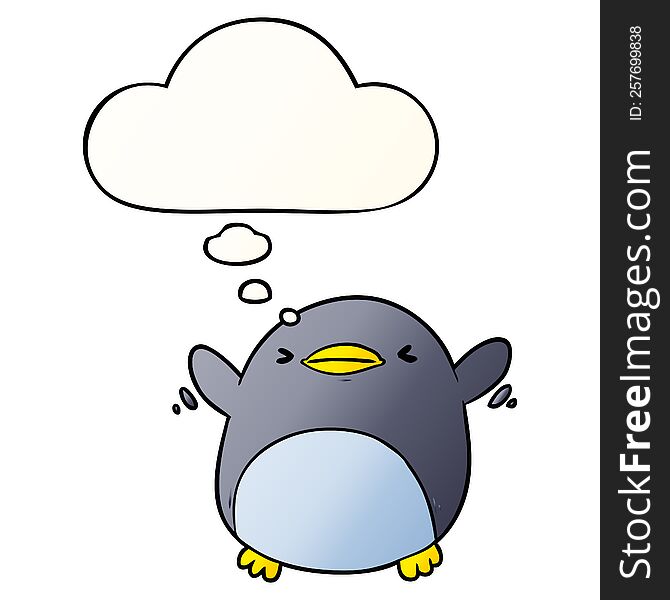cute cartoon flapping penguin with thought bubble in smooth gradient style