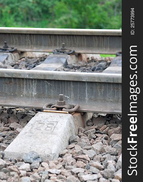 A fragment of the railroad, metal rails and concrete sleepers. A fragment of the railroad, metal rails and concrete sleepers