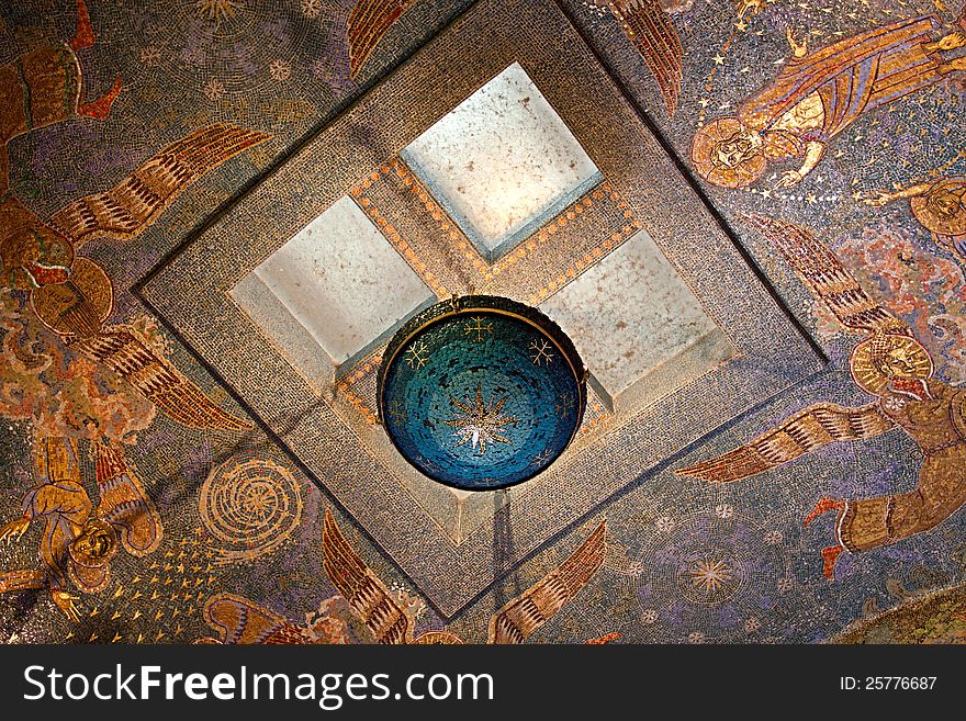 Ceiling with lamp in the chapel of monastery Le Mont Saite-Odile. Ceiling with lamp in the chapel of monastery Le Mont Saite-Odile