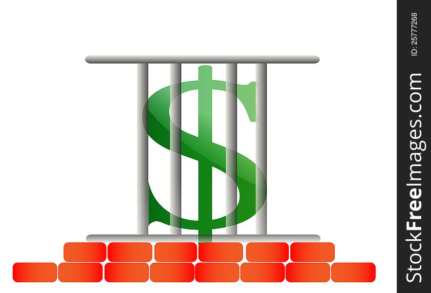Illustration of a dollar sign behind bars. Illustration of a dollar sign behind bars