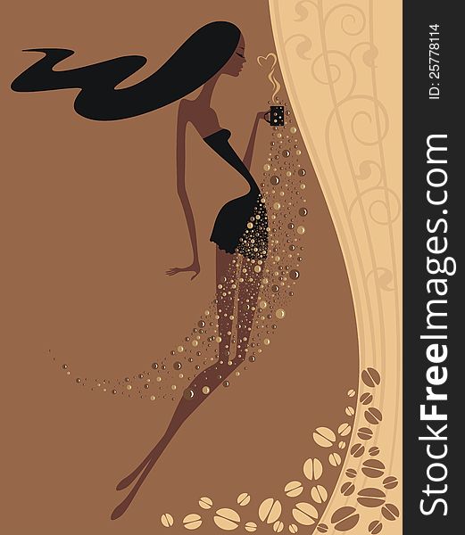 Coffee Lover vector background with woman and cup of coffee