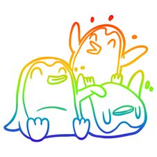Rainbow Gradient Line Drawing Happy Penguins Stock Photo