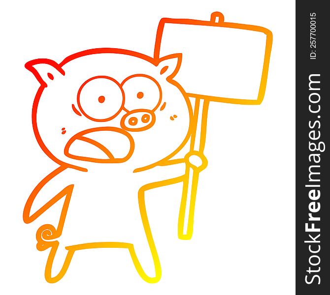 Warm Gradient Line Drawing Cartoon Pig Protesting