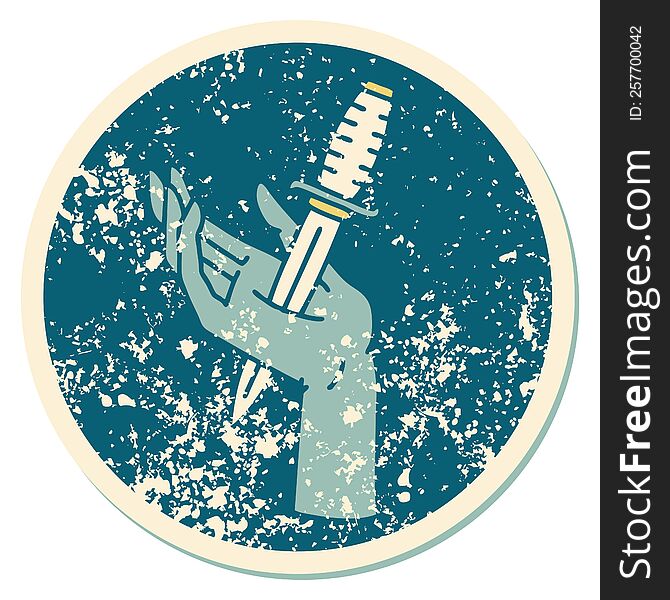 iconic distressed sticker tattoo style image of a dagger in the hand. iconic distressed sticker tattoo style image of a dagger in the hand