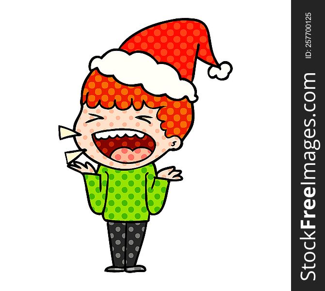Comic Book Style Illustration Of A Laughing Man Wearing Santa Hat