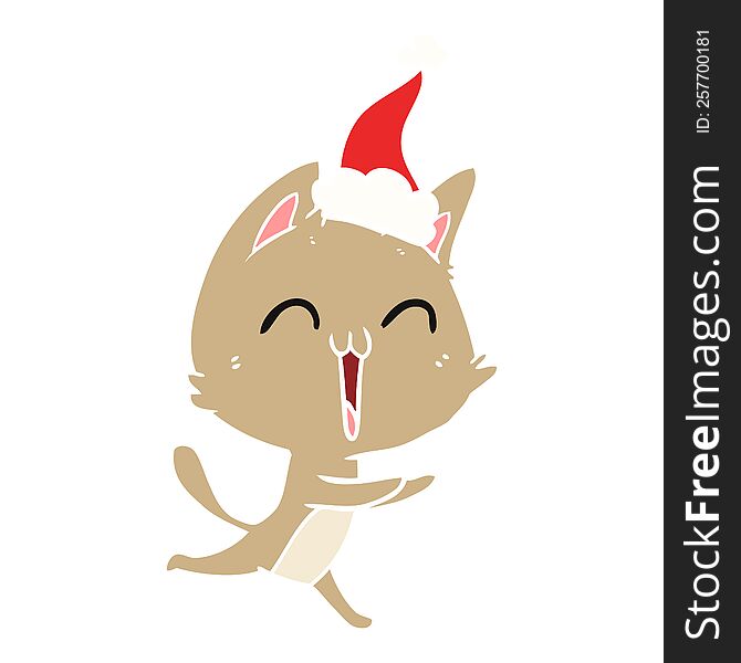 Happy Flat Color Illustration Of A Cat Meowing Wearing Santa Hat