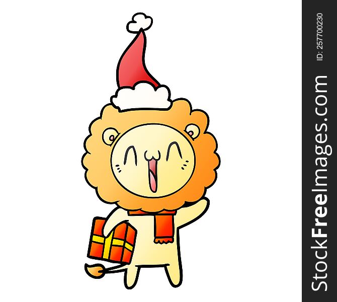 happy hand drawn gradient cartoon of a lion wearing santa hat. happy hand drawn gradient cartoon of a lion wearing santa hat