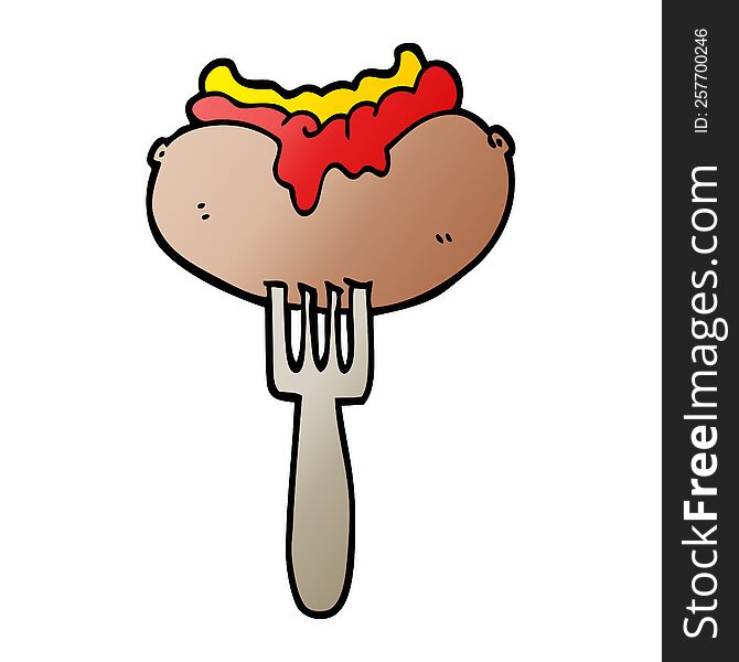 Vector Gradient Illustration Cartoon Hotdog With Mustard And Ketchup On Fork