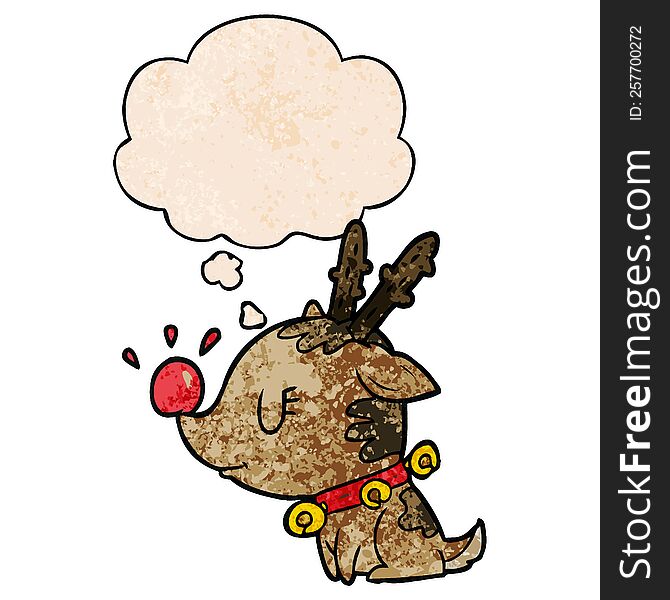 Cartoon Christmas Reindeer And Thought Bubble In Grunge Texture Pattern Style