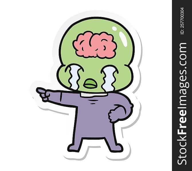 sticker of a cartoon big brain alien crying and pointing