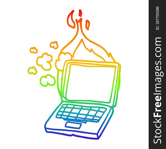 rainbow gradient line drawing of a cartoon broken laptop computer