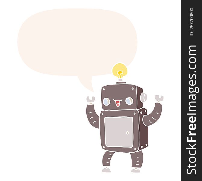 Cartoon Happy Robot And Speech Bubble In Retro Style