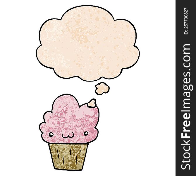 Cartoon Cupcake With Face And Thought Bubble In Grunge Texture Pattern Style