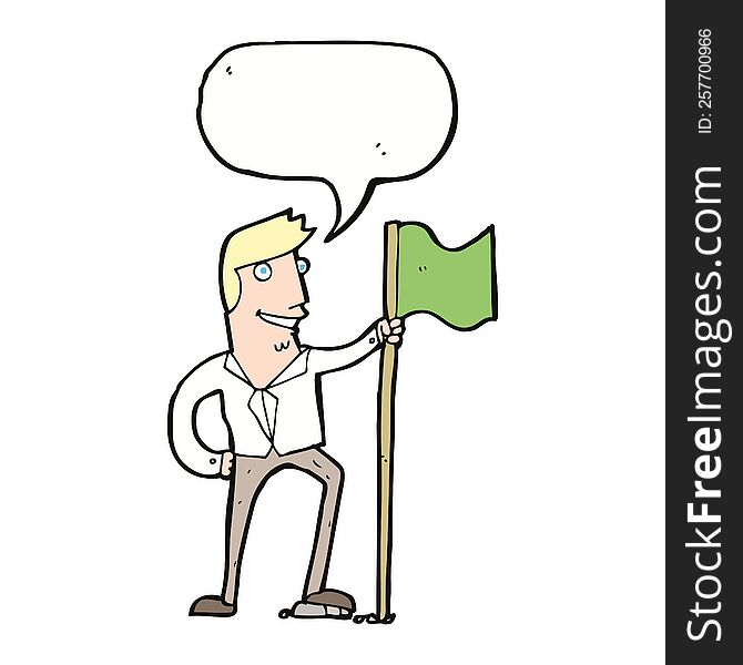 cartoon man planting flag with speech bubble