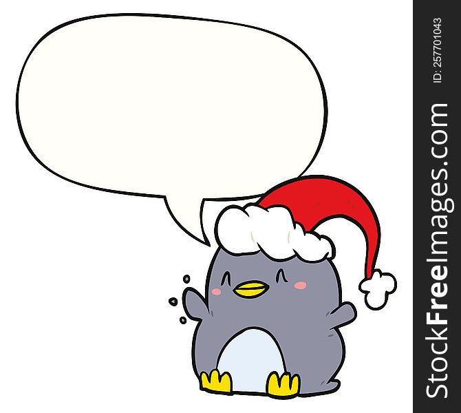 Cartoon Penguin Wearing Christmas Hat And Speech Bubble