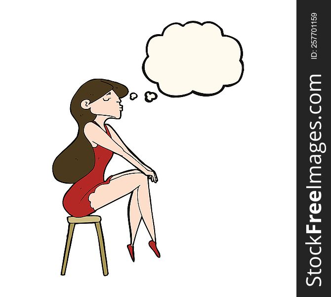 cartoon woman sitting on stool with thought bubble