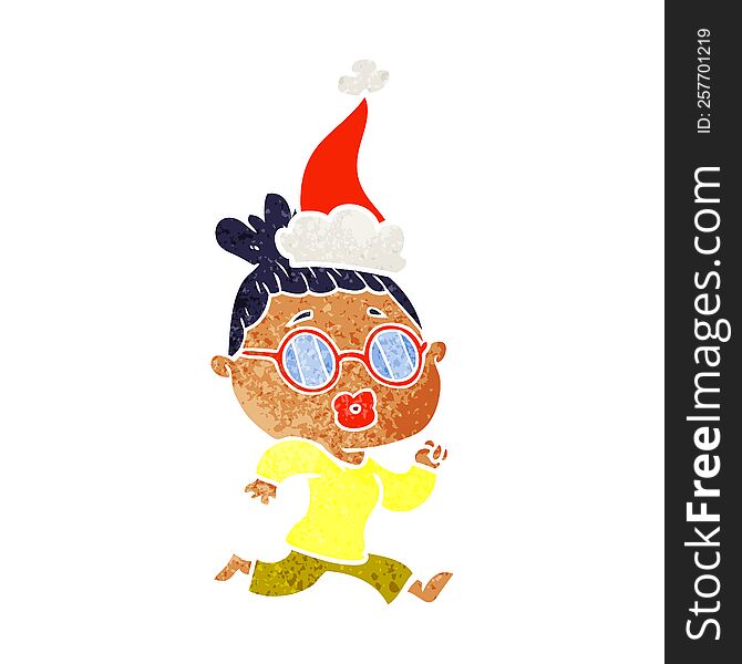 retro cartoon of a woman wearing spectacles wearing santa hat