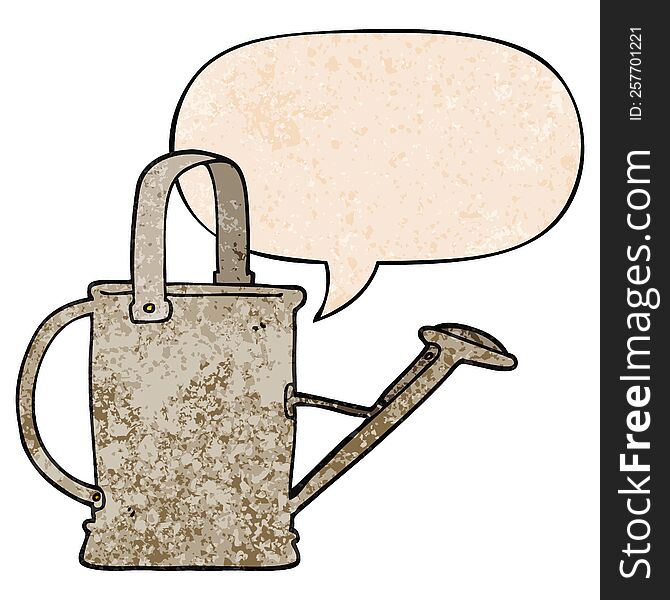 cartoon watering can with speech bubble in retro texture style