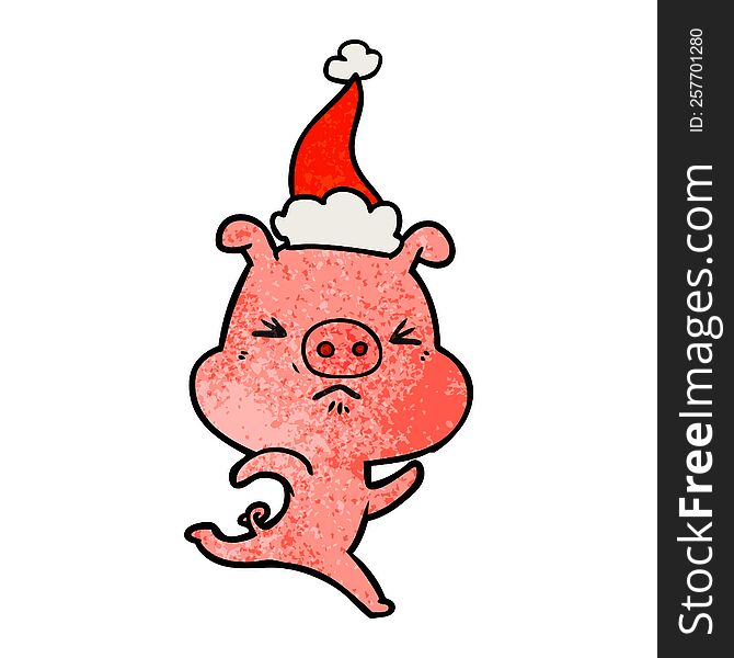 hand drawn textured cartoon of a annoyed pig running wearing santa hat