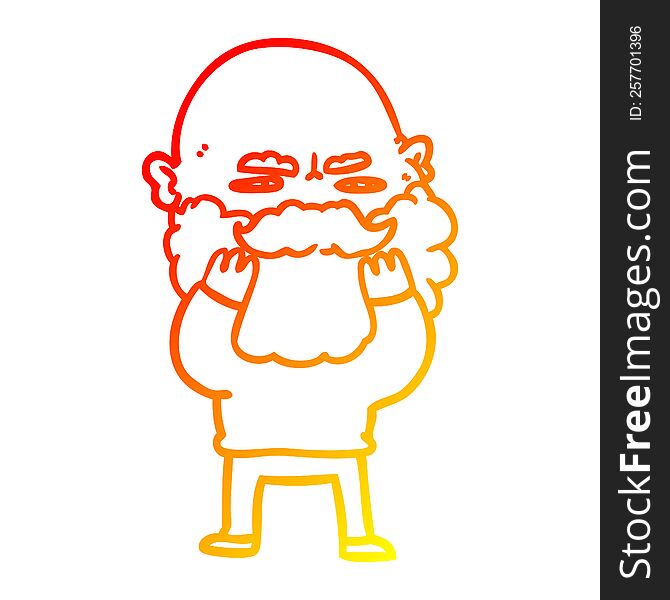 warm gradient line drawing of a cartoon man with beard frowning checking his beard