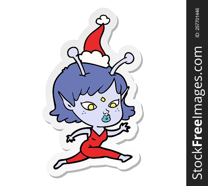 pretty hand drawn sticker cartoon of a alien girl running wearing santa hat