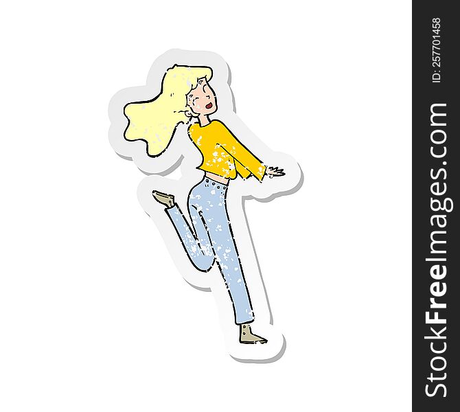 Retro Distressed Sticker Of A Cartoon Happy Girl Kicking Out Leg