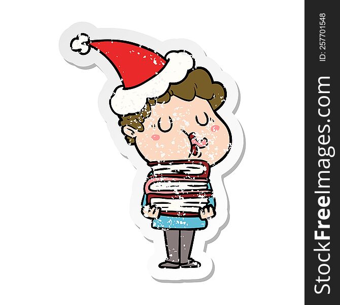 hand drawn distressed sticker cartoon of a man singing wearing santa hat