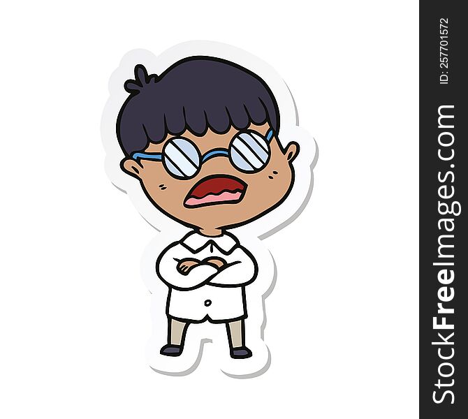 sticker of a cartoon boy with crossed arms wearing spectacles