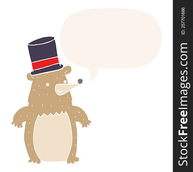 Cartoon Bear In Top Hat And Speech Bubble In Retro Style