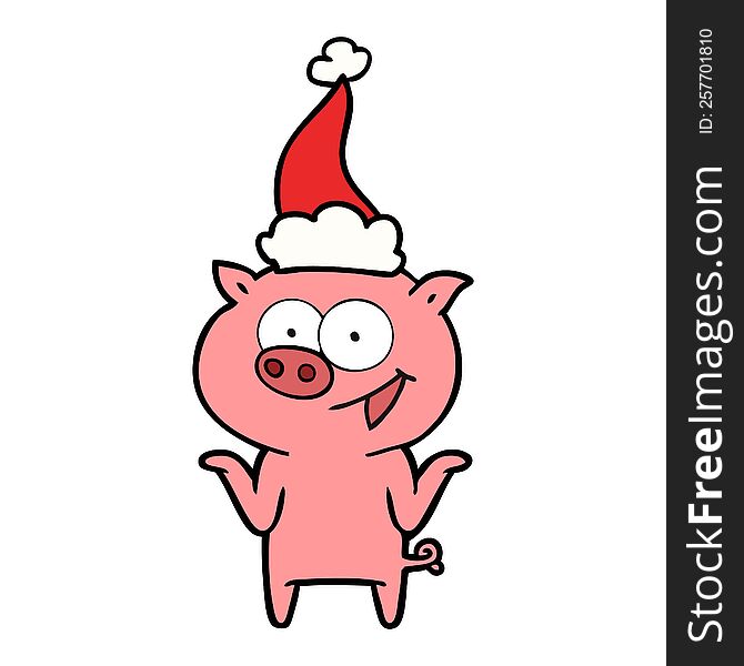 hand drawn line drawing of a pig with no worries wearing santa hat