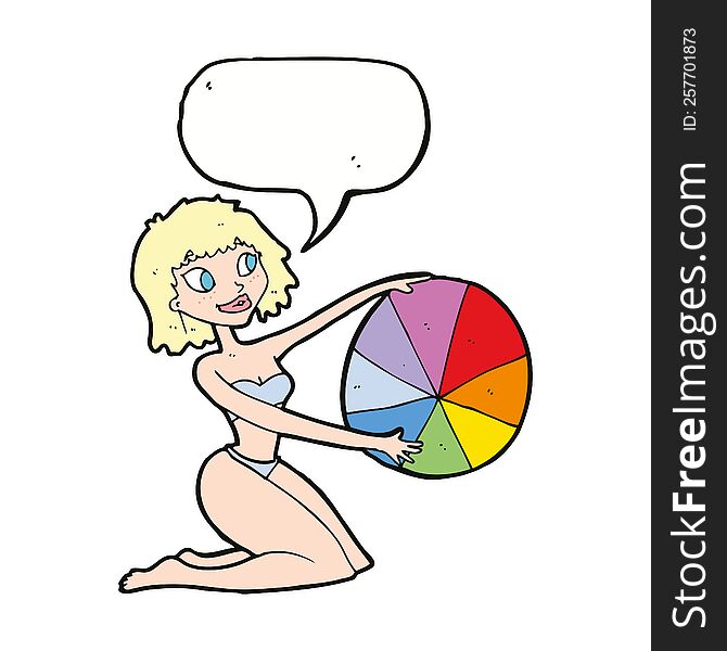 cartoon bikini girl with beach ball with speech bubble