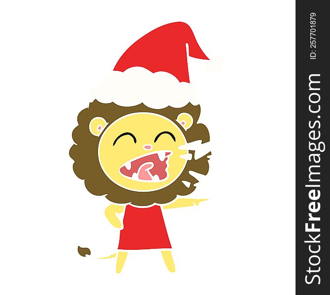 hand drawn flat color illustration of a roaring lion girl wearing santa hat