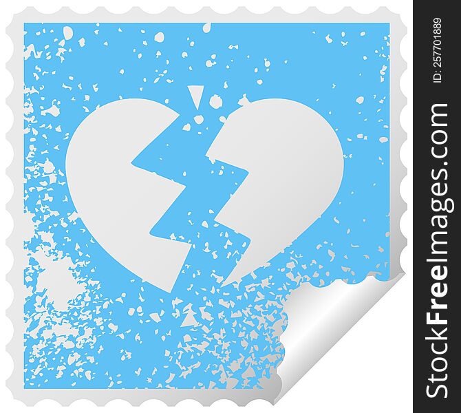 distressed square peeling sticker symbol of a broken heart