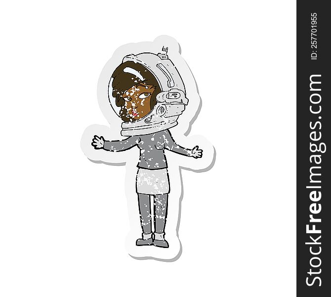 retro distressed sticker of a cartoon woman wearing astronaut helmet