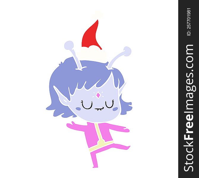 hand drawn flat color illustration of a alien girl wearing santa hat
