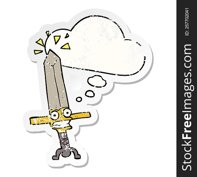 cartoon magic sword with thought bubble as a distressed worn sticker