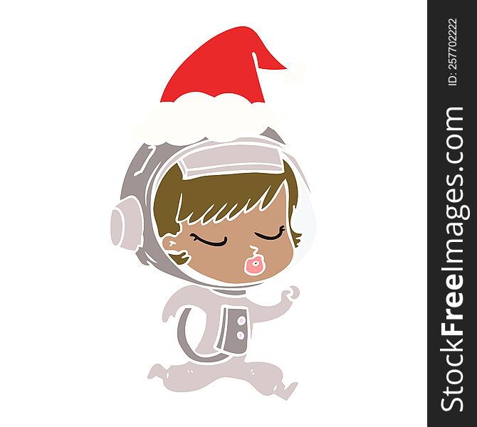 Flat Color Illustration Of A Pretty Astronaut Girl Running Wearing Santa Hat