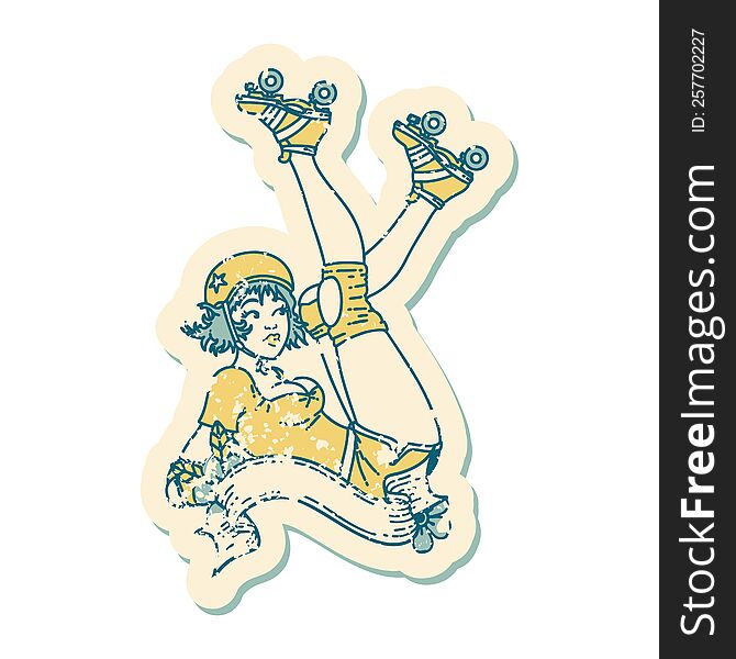 Distressed Sticker Tattoo Style Icon Of A Pinup Roller Derby Girl With Banner