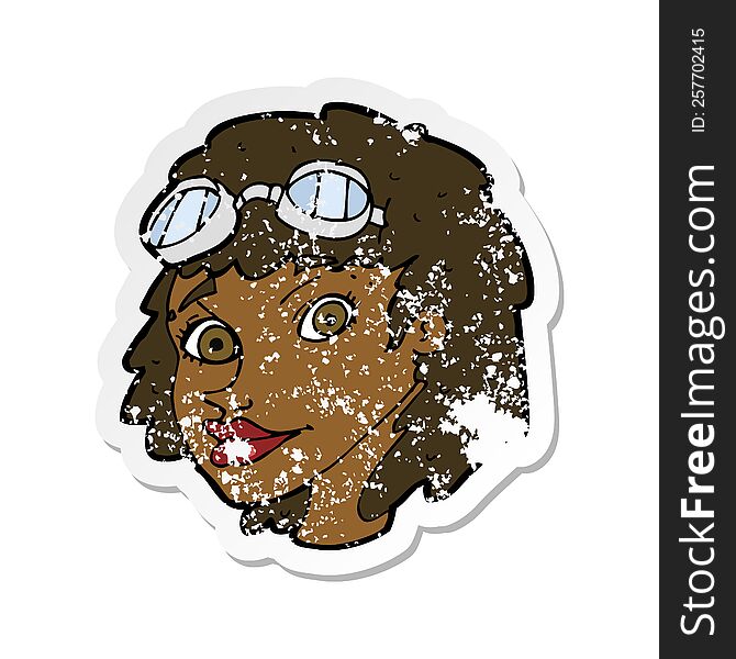 retro distressed sticker of a cartoon happy woman wearing aviator goggles