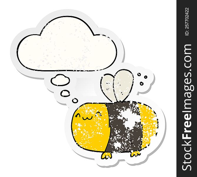 cute cartoon bee and thought bubble as a distressed worn sticker