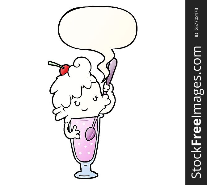 cartoon ice cream soda girl and speech bubble in smooth gradient style