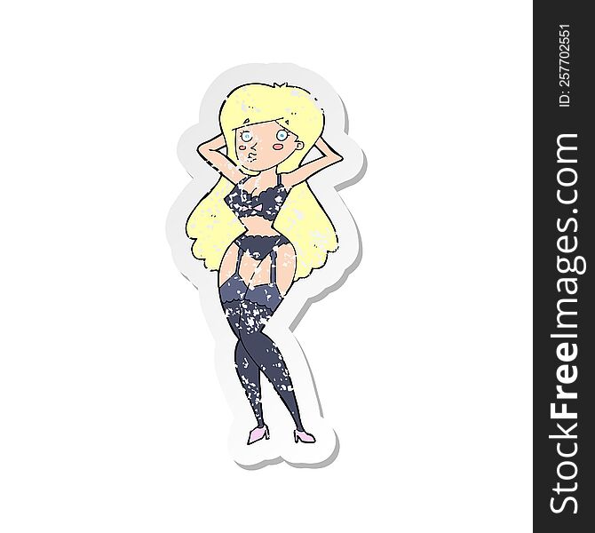 retro distressed sticker of a cartoon woman in lingerie