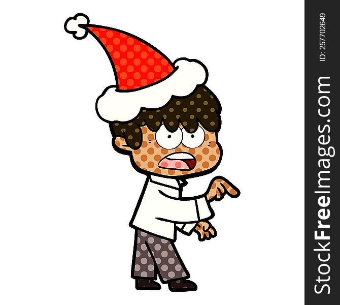 worried hand drawn comic book style illustration of a boy wearing santa hat