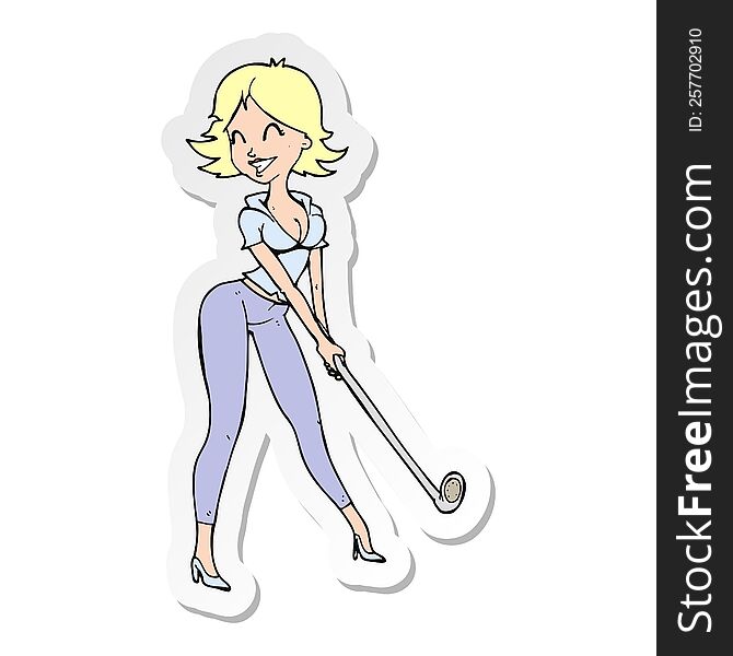 sticker of a cartoon woman playing golf