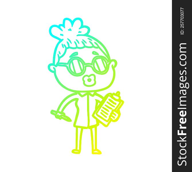 cold gradient line drawing of a cartoon manager woman wearing spectacles