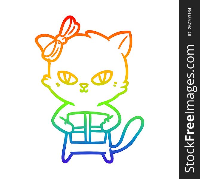 Rainbow Gradient Line Drawing Cute Cartoon Cat With Present