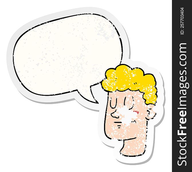 cartoon male face with speech bubble distressed distressed old sticker. cartoon male face with speech bubble distressed distressed old sticker