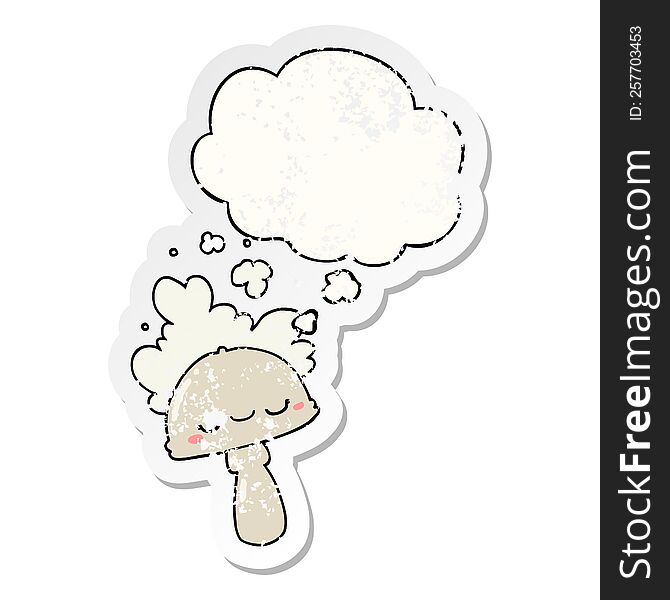 cartoon mushroom with spoor cloud with thought bubble as a distressed worn sticker