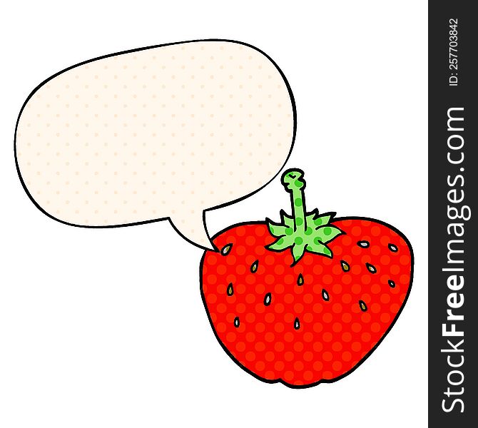 cartoon strawberry with speech bubble in comic book style