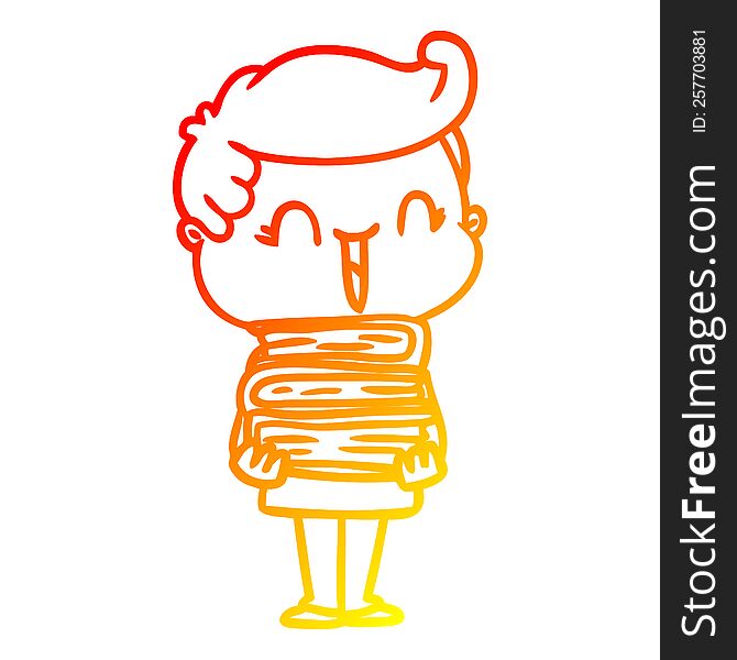 warm gradient line drawing of a cartoon laughing boy carrying books